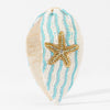 Hand-beaded gold starfish hairband with iridescent pearl and powder blue wave beadwork - crystal accents