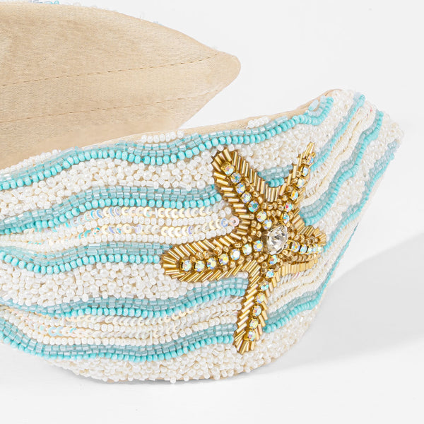 starfish headband with hand-beaded gold starfish and lustrous beadwork - resort styling