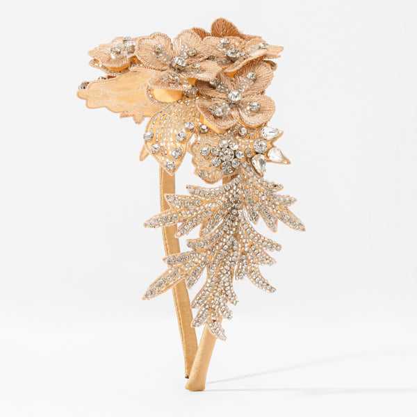 Hand-beaded floral hairband with 3D cotton embroidery, rhinestones, and silk thread in soft beige