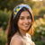 Hand-beaded lemon embroidered headband with green details on sky-blue satin - knotted hair accessory