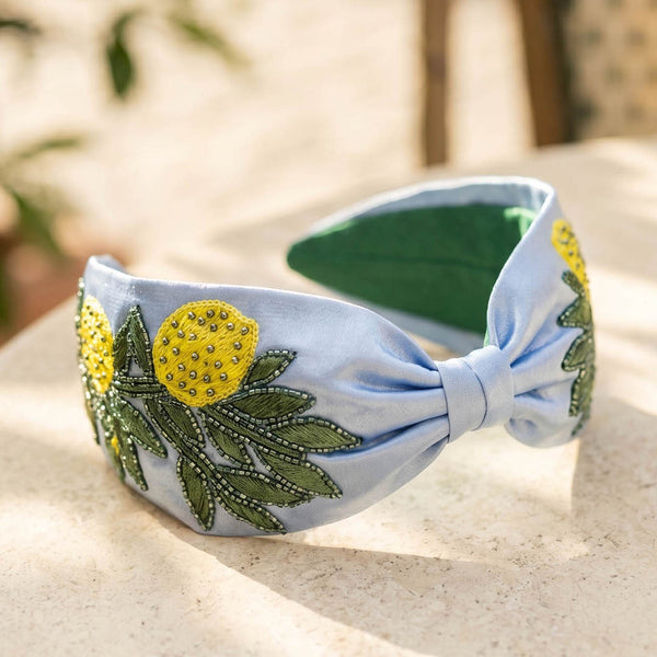 Colorful lemon embroidered headband perfect for brunches, poolside, and vacation styling