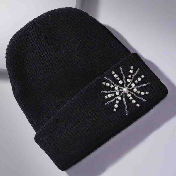 Black Beanie with Pearls & Crystals