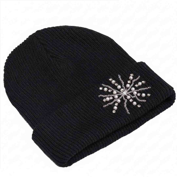 Black Beanie with Pearls & Crystals