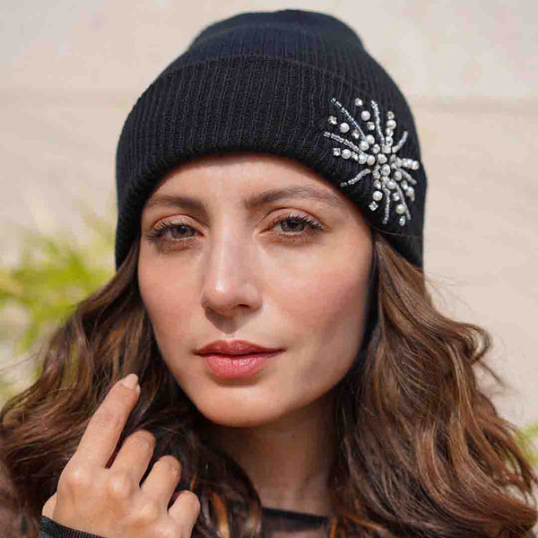 Black Beanie with Pearls & Crystals