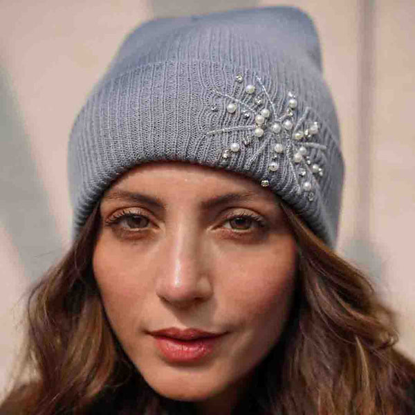Grey Beanie with Pearls & Crystals