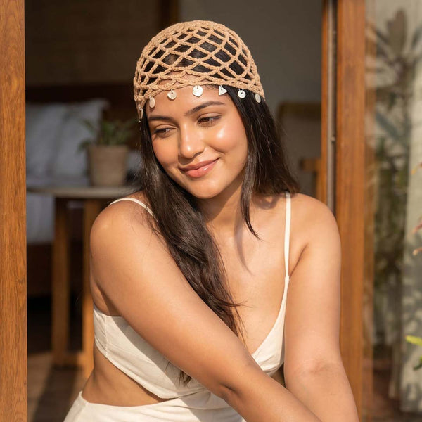 Crochet Beanie Cap - Beige with Shell Charms