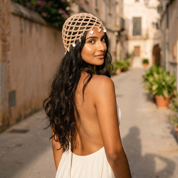 Crochet Beanie Cap - Beige with Shell Charms