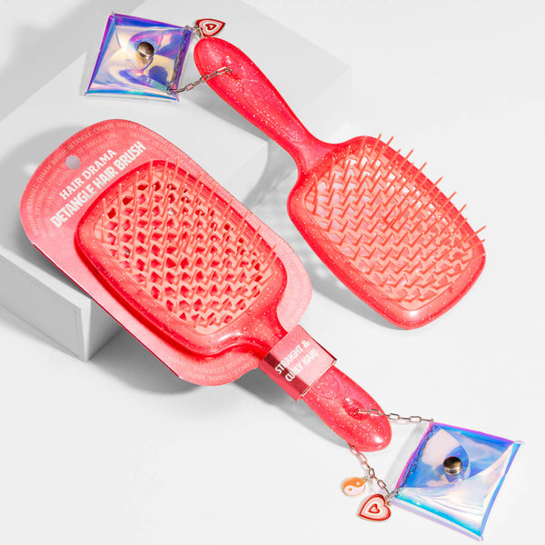 Drama Detangle Hair Brush with Removable Charm Chain & Free Pouch - Coral