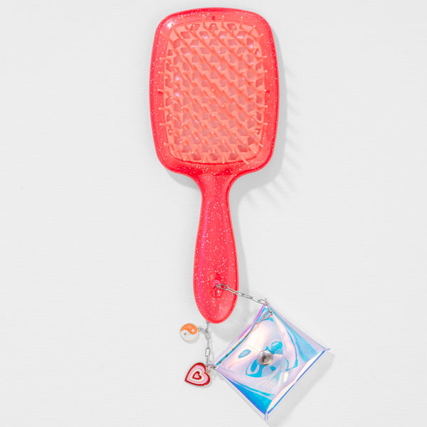 Drama Detangle Hair Brush with Removable Charm Chain & Free Pouch - Coral