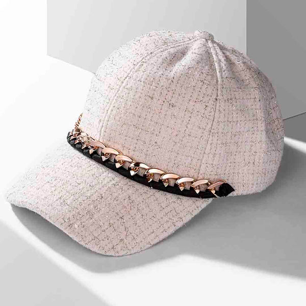 Off-White Tweed Baseball Cap with Gold Chain