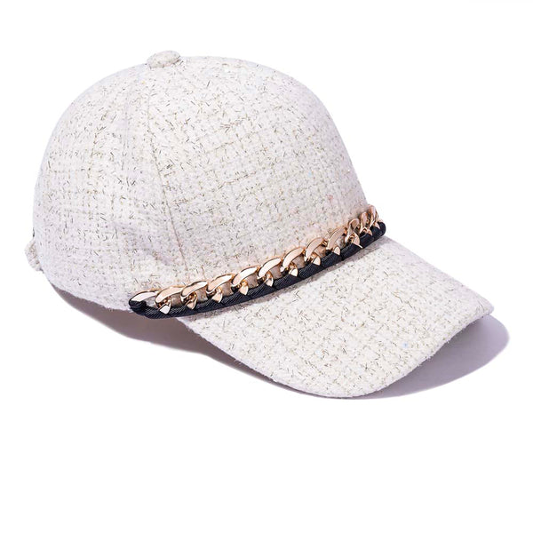 Off-White Tweed Baseball Cap with Gold Chain