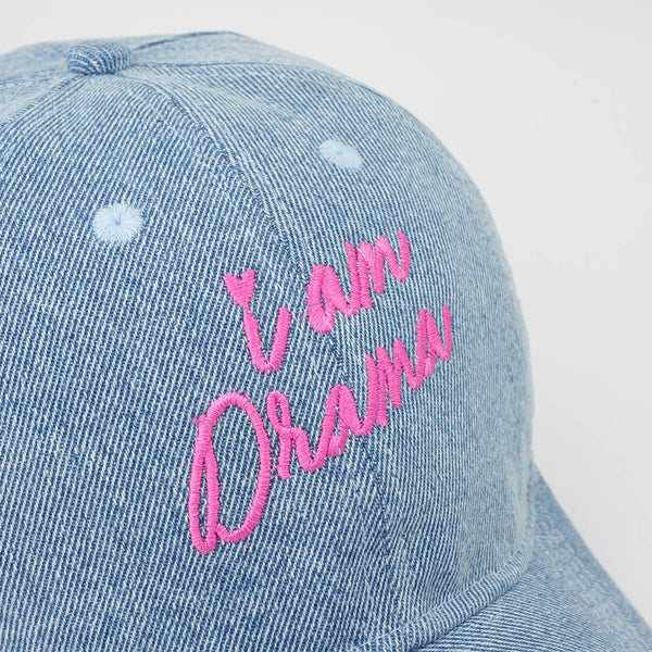 "I Am Drama" Embroidered Denim Baseball Cap - Light Blue