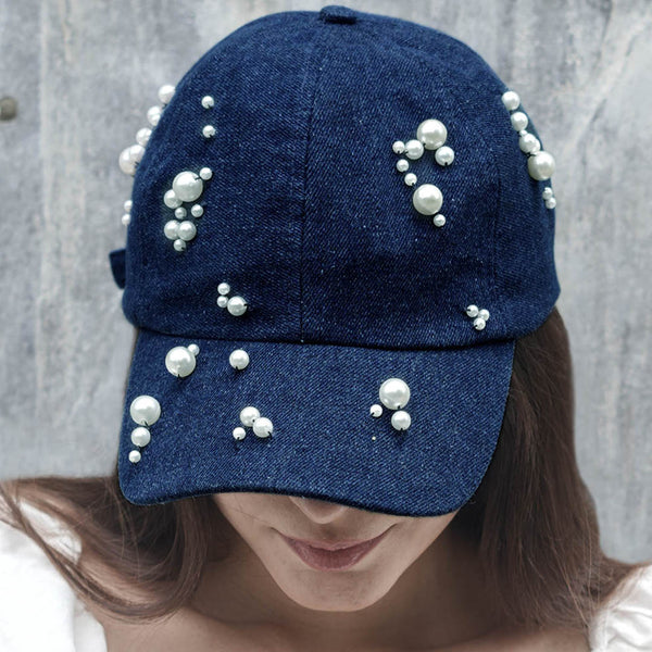 Embellished Denim Baseball Cap - Dark Blue
