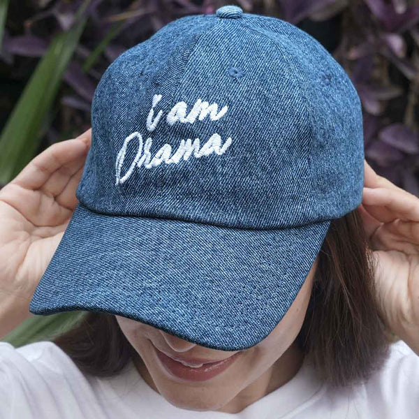 "I Am Drama" Embroidered Denim Baseball Cap - Dark Blue