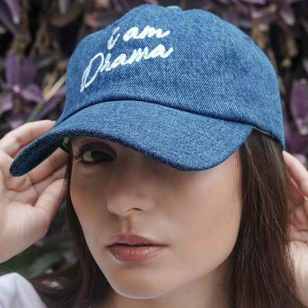 "I Am Drama" Embroidered Denim Baseball Cap - Dark Blue