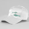 White satin sun cap with detailed blue sardine embroidery for a fresh vacation-ready vibe