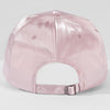 Hand-embroidered cherry detail on pink satin baseball cap - fun adjustable hat for all-day