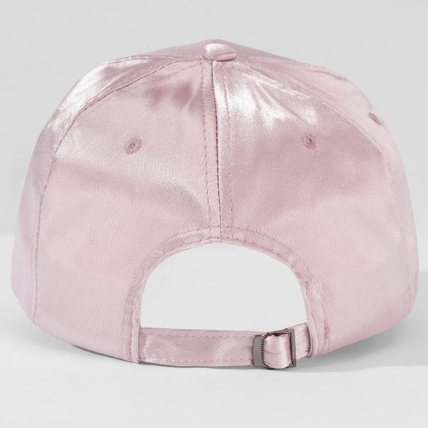 Hand-embroidered cherry detail on pink satin baseball cap - fun adjustable hat for all-day