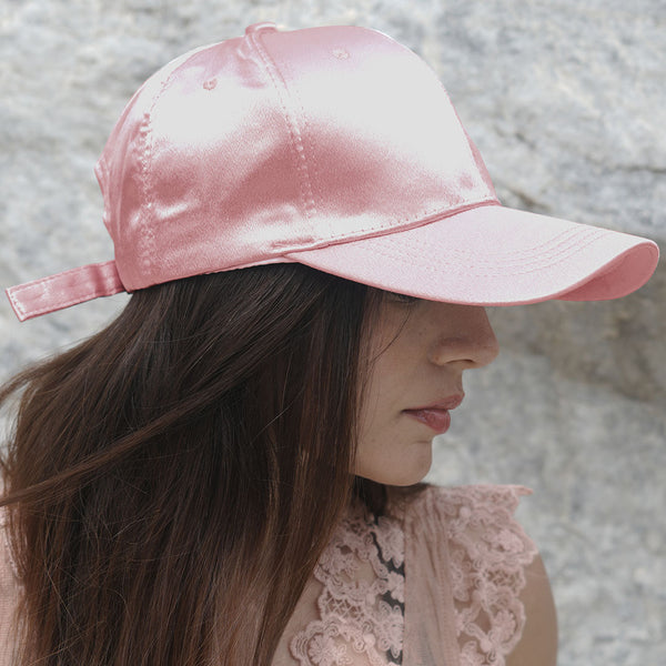Pink satin cap with cherry embroidery - sporty chic accessory perfect for summer holidays