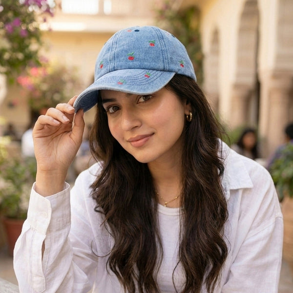 Cherry Embroidered Denim Baseball Cap