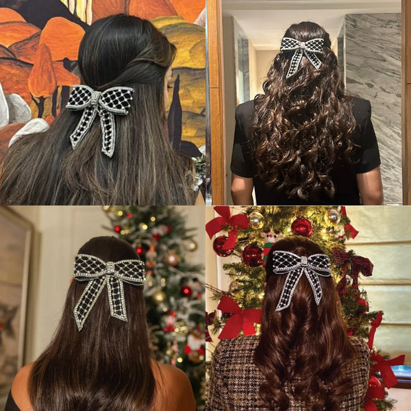 Embellished Velvet Hair Bow Barrette Clip - Black