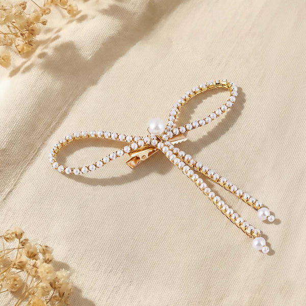 Pearl Hair Bow Alligator Clip - Gold