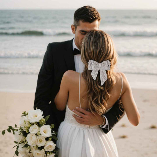 Embellished Crystal Hair Bow Barrette Clip - Silver