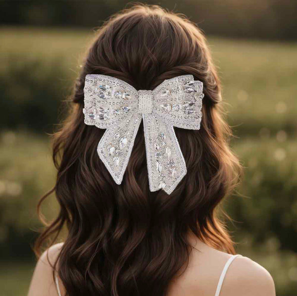 Embellished Crystal Hair Bow Barrette Clip - Silver