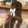 Embellished Crystal & Pearl Hair Bow Barrette Clip - Silver