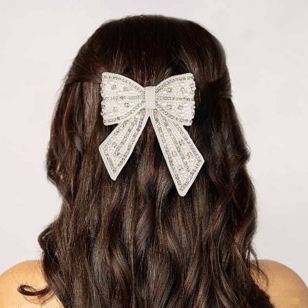 Embellished Crystal & Pearl Hair Bow Barrette Clip - Silver