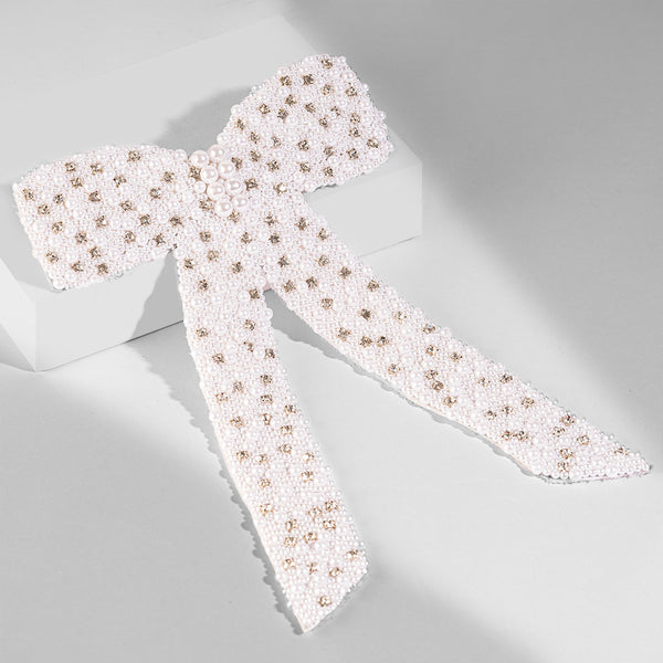 Embellished Pearl & Crystal Hair Bow Barrette Clip - White