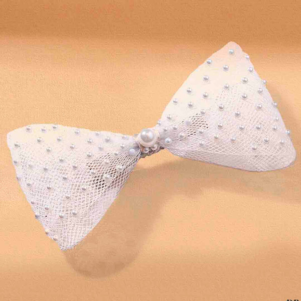 Pearl Mesh Hair Bow Alligator Clip - White