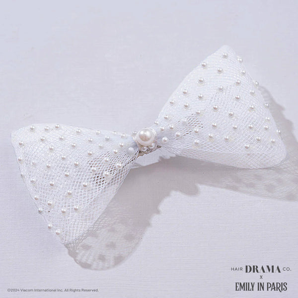 HDC x Emily in Paris Pearl Mesh Hair Bow Alligator Clip - White