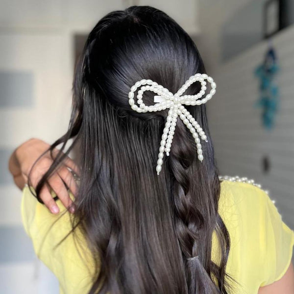 Embellished Pearl Hair Bow Alligator Clip - Off-White