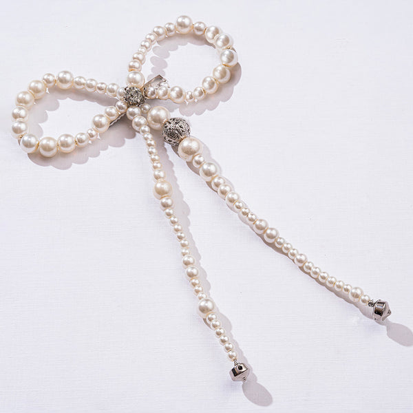 Embellished Pearl Hair Bow Alligator Clip with Silver Stone - Off-White