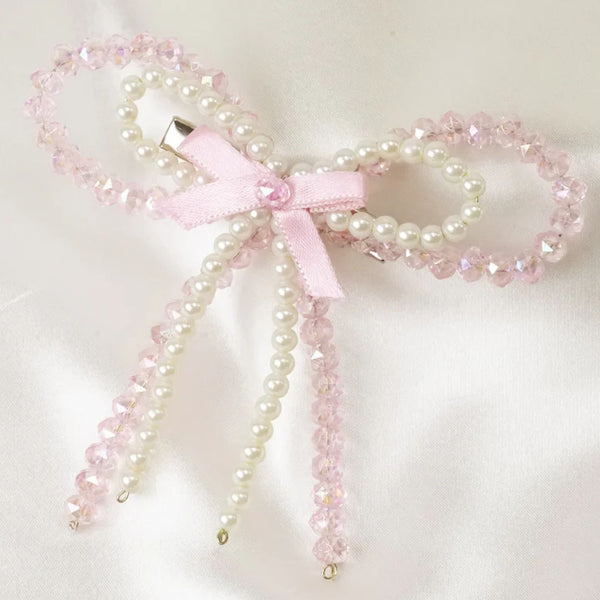 Embellished Crystal & Pearl Hair Bow - Pink & White