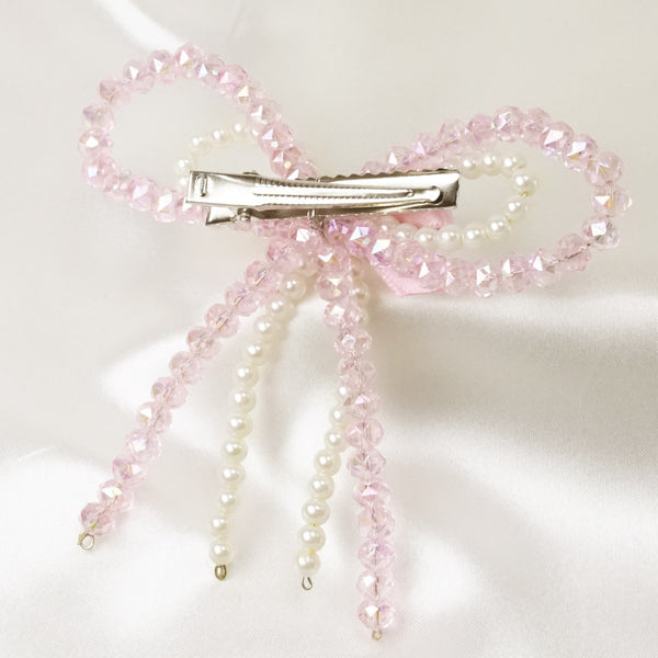 Embellished Crystal & Pearl Hair Bow - Pink & White
