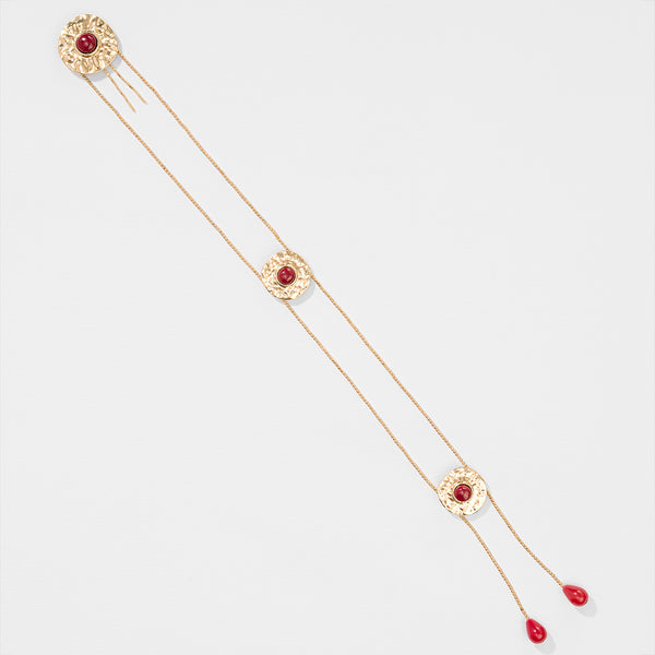 Gold Plated Circular Hair Braid with Maroon Stones