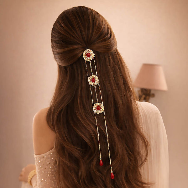 Gold Plated Circular Hair Braid with Maroon Stones