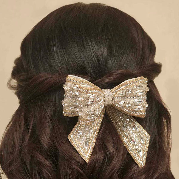 Embellished Crystal Hair Bow Barrette Clip - Gold & Silver