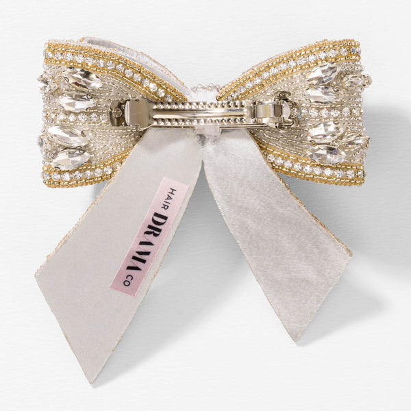 Embellished Crystal Hair Bow Barrette Clip - Gold & Silver