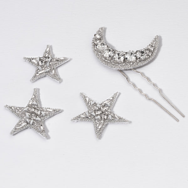 Embellished Star & Moon Hair Pins Set of 4 - Silver