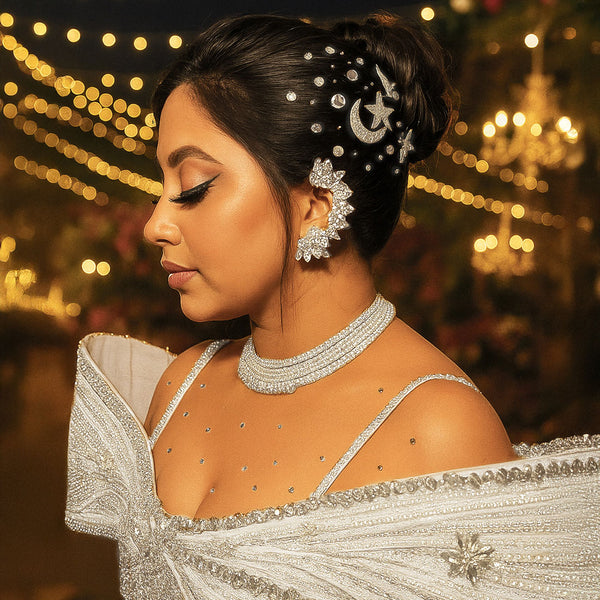 Embellished Star & Moon Hair Pins Set of 4 - Silver