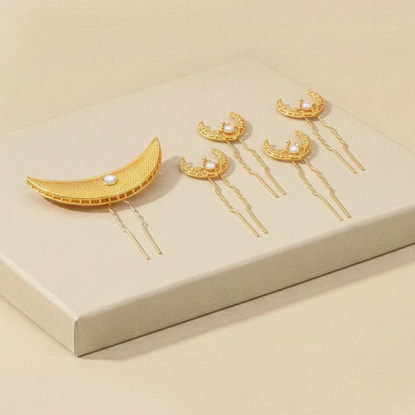 Chaand Mahal Gold Hair Pins - Set of 5 - White