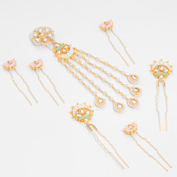 Gulzaar Lotus Gold & Pearl Hair Pins - Set of 7