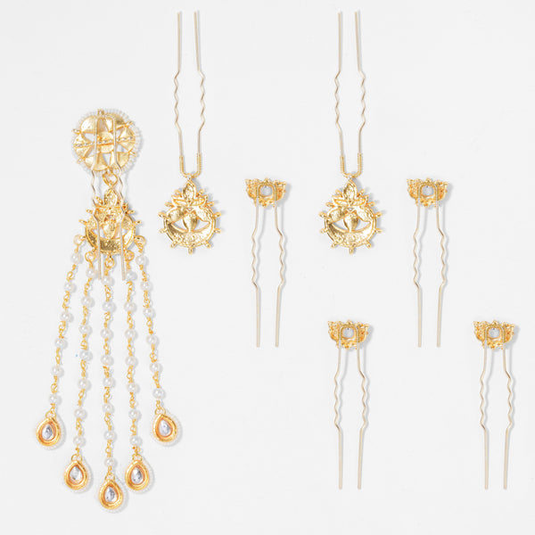 Gulzaar Lotus Gold & Pearl Hair Pins - Set of 7