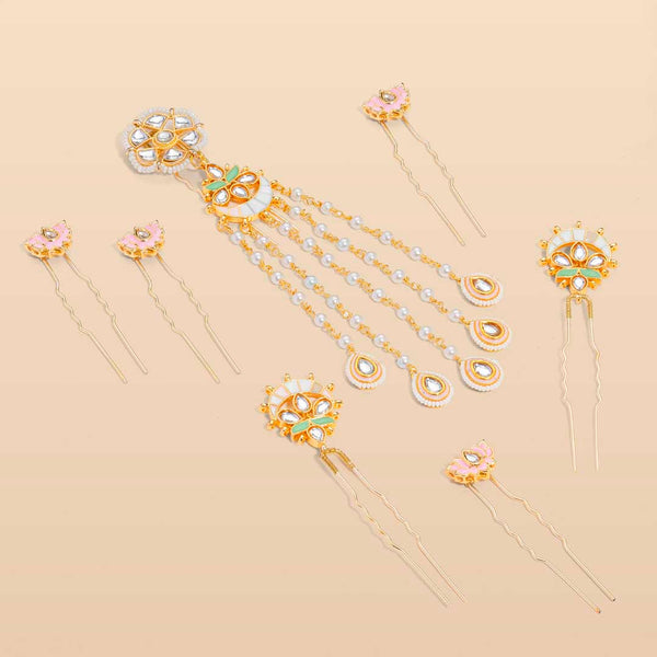 Gulzaar Lotus Gold & Pearl Hair Pins - Set of 7