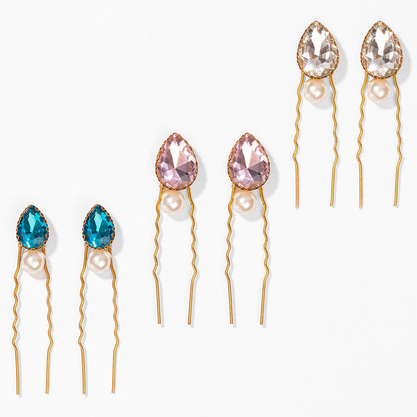 Crystal Pins - Set of 6 - Pink, Blue & Silver with Pearls