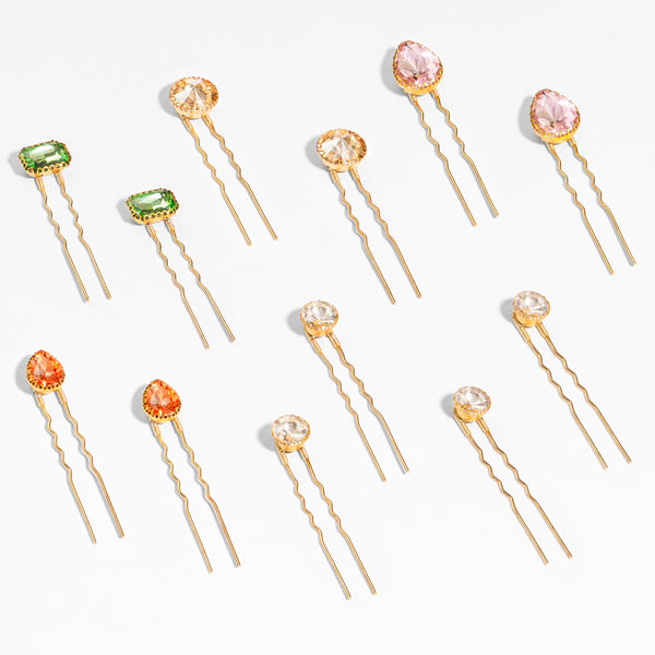 Multi-color crystal pins - green, amber, blush pink, champagne jewels for statement hair