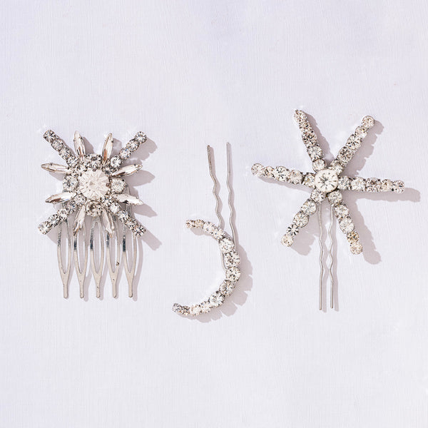 Set of 3 Celestia Crystal Hair Pins - Silver